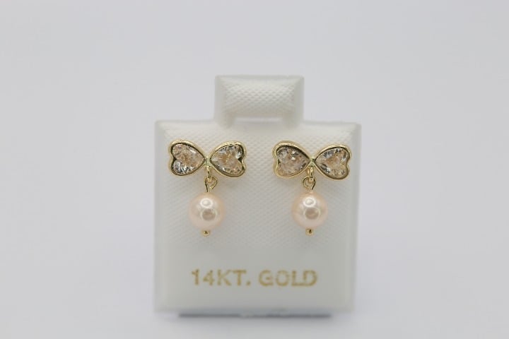 14K Solid Gold. Pearl Drop Dangle Earrings.