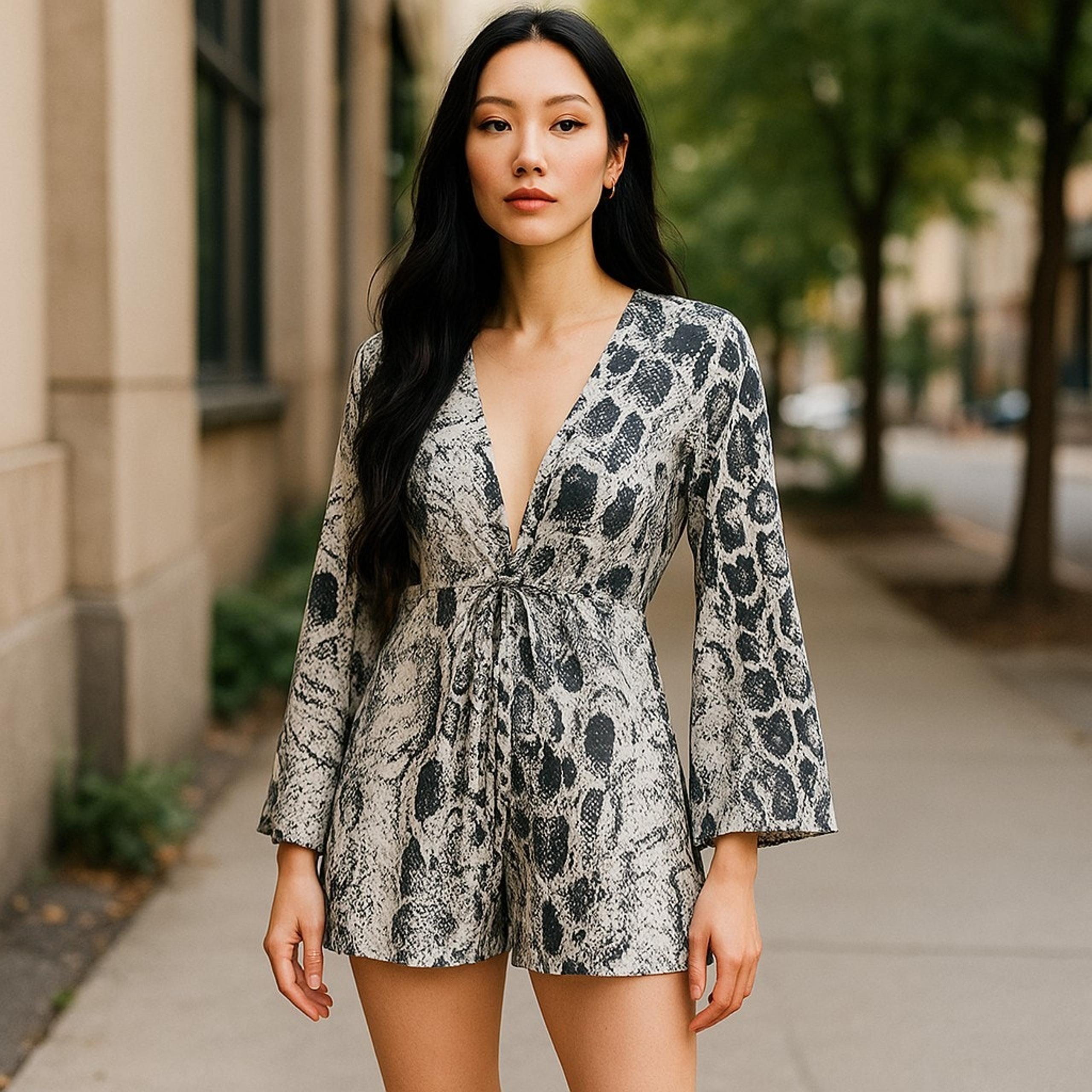 Nasty Gal Womens Romper Size 2 Snake Up Animal Plunging Neck Black Tan NEW