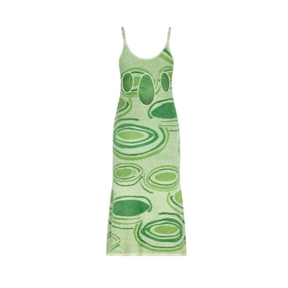 NWT House of Sunny Hockney in Lilypads Palm Green Fuzzy Midi Tank Slip Dress 6