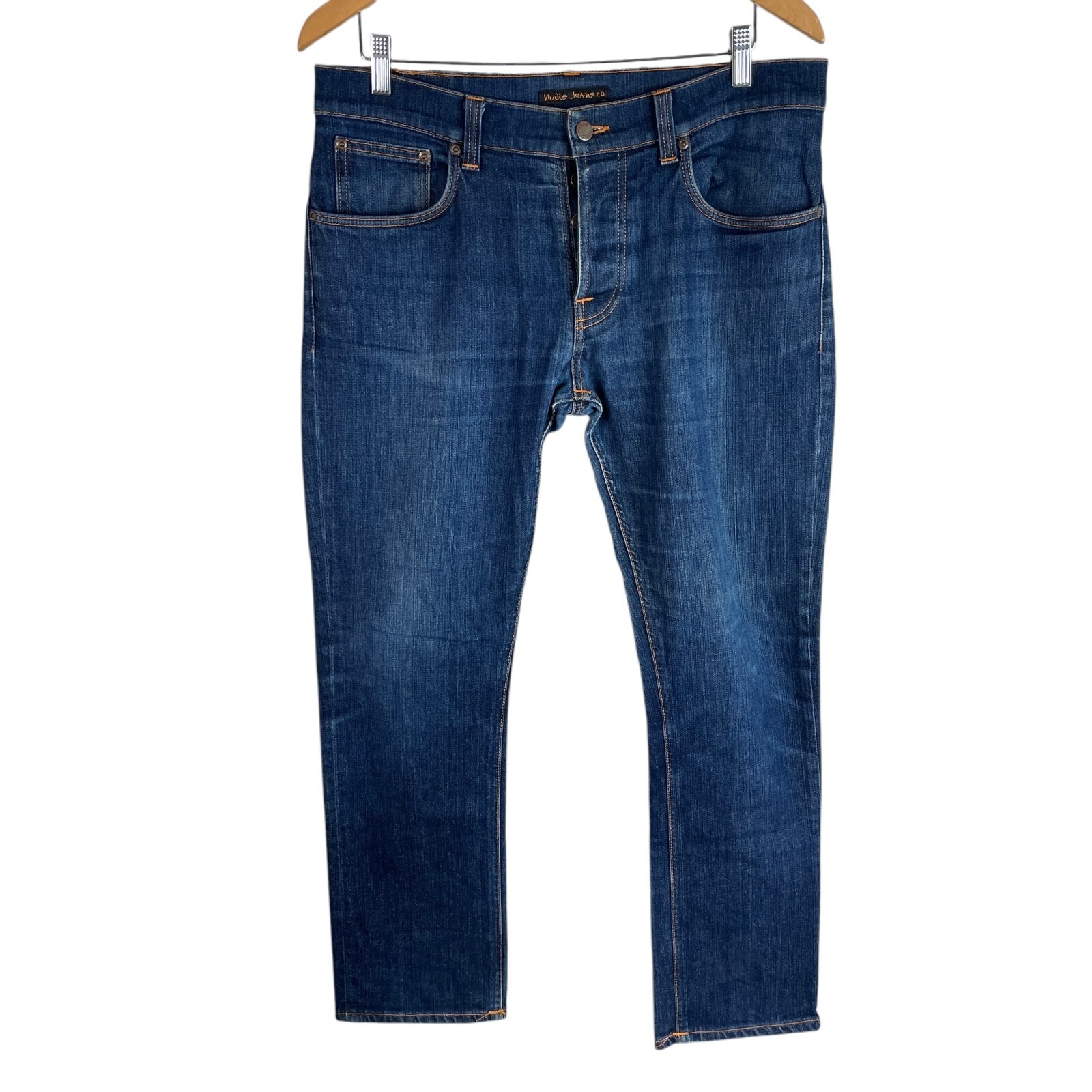 Nudie Jeans Mens Grim Tim Slim Straight (Actual 34x30) Button Fly Dry Open Navy