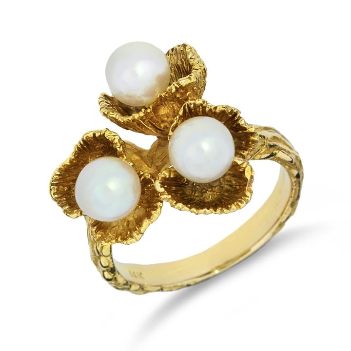 Vintage 14K Yellow Gold Pearls Textured Ring GR-2272