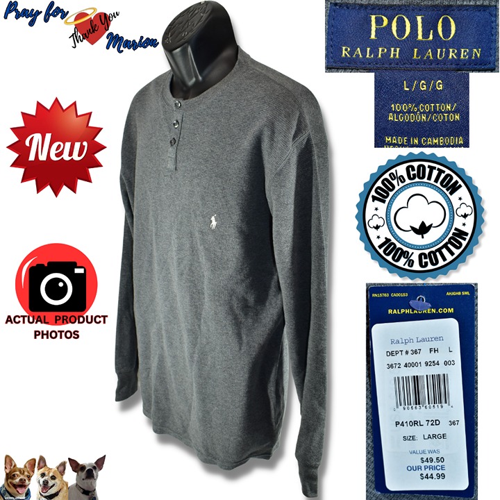 Polo Ralph Lauren L Grey Lightweight Waffle Long Sleeve 100% Cotton Henley P410R