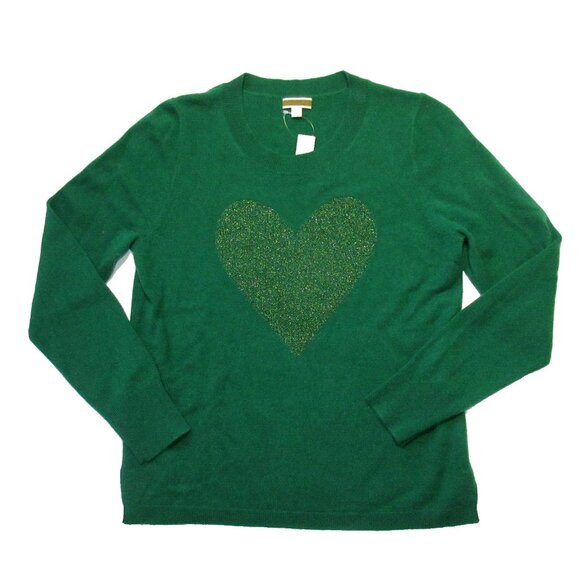 NWT J.Crew Cashmere Crewneck Sweater in Autumn Pine Sparkle Metallic Heart M