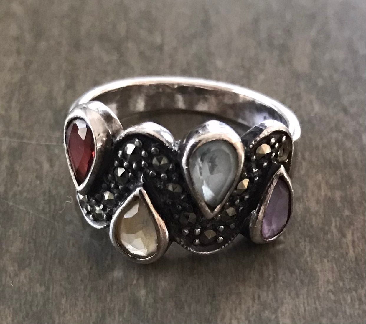 Vintage Sterling Silver Gemstone Marcasite Ring Stamp 925