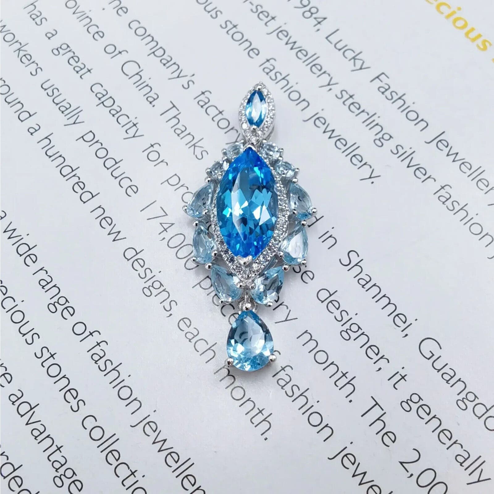 Marquise Cut Swiss Blue Topaz Pendant Necklace 7x14mm, Swiss Blue Topaz Necklace