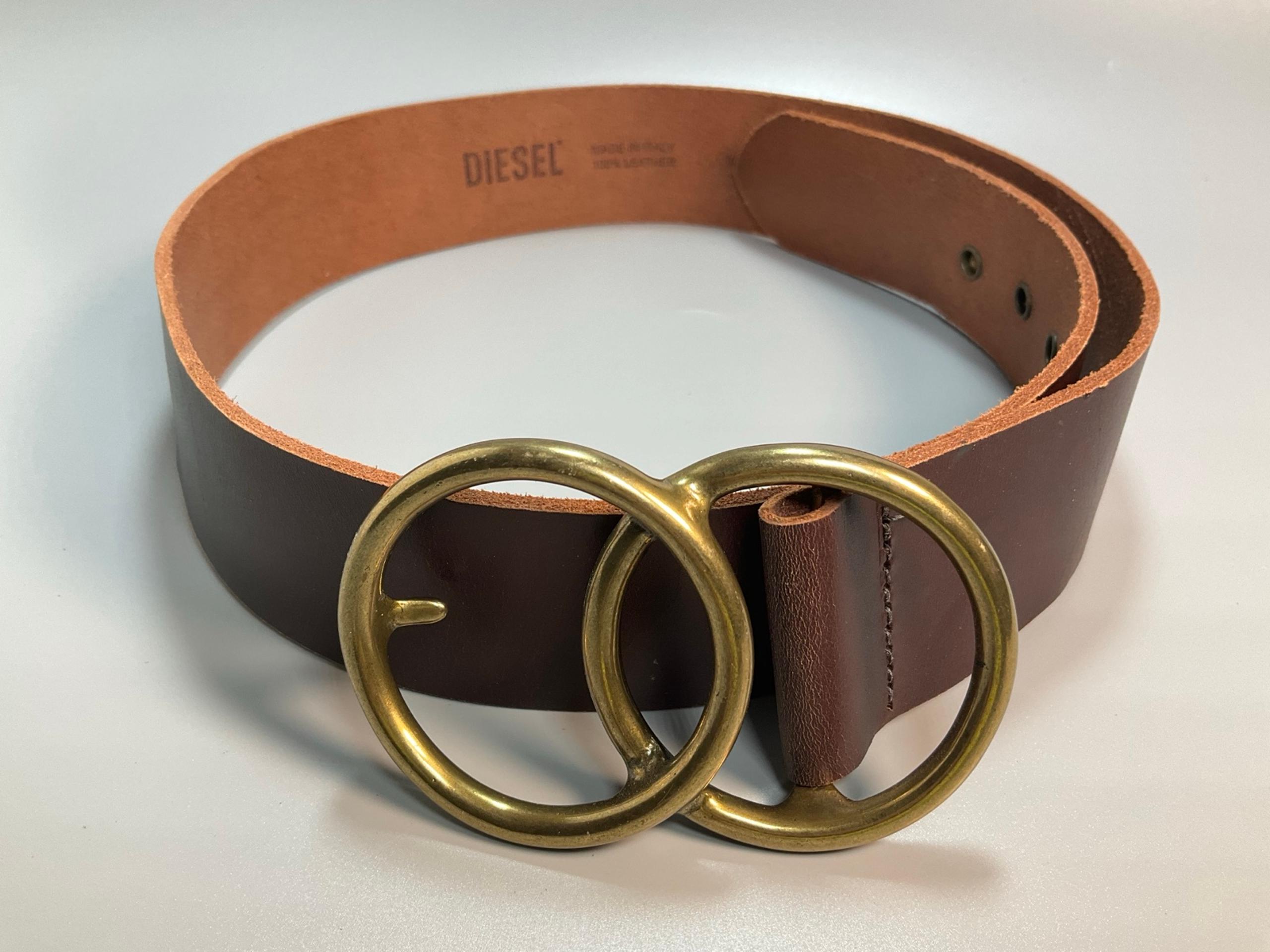 Diesel Women Brown Leather Belt Double Ring Gold Brass Buckle Luxury Italian M