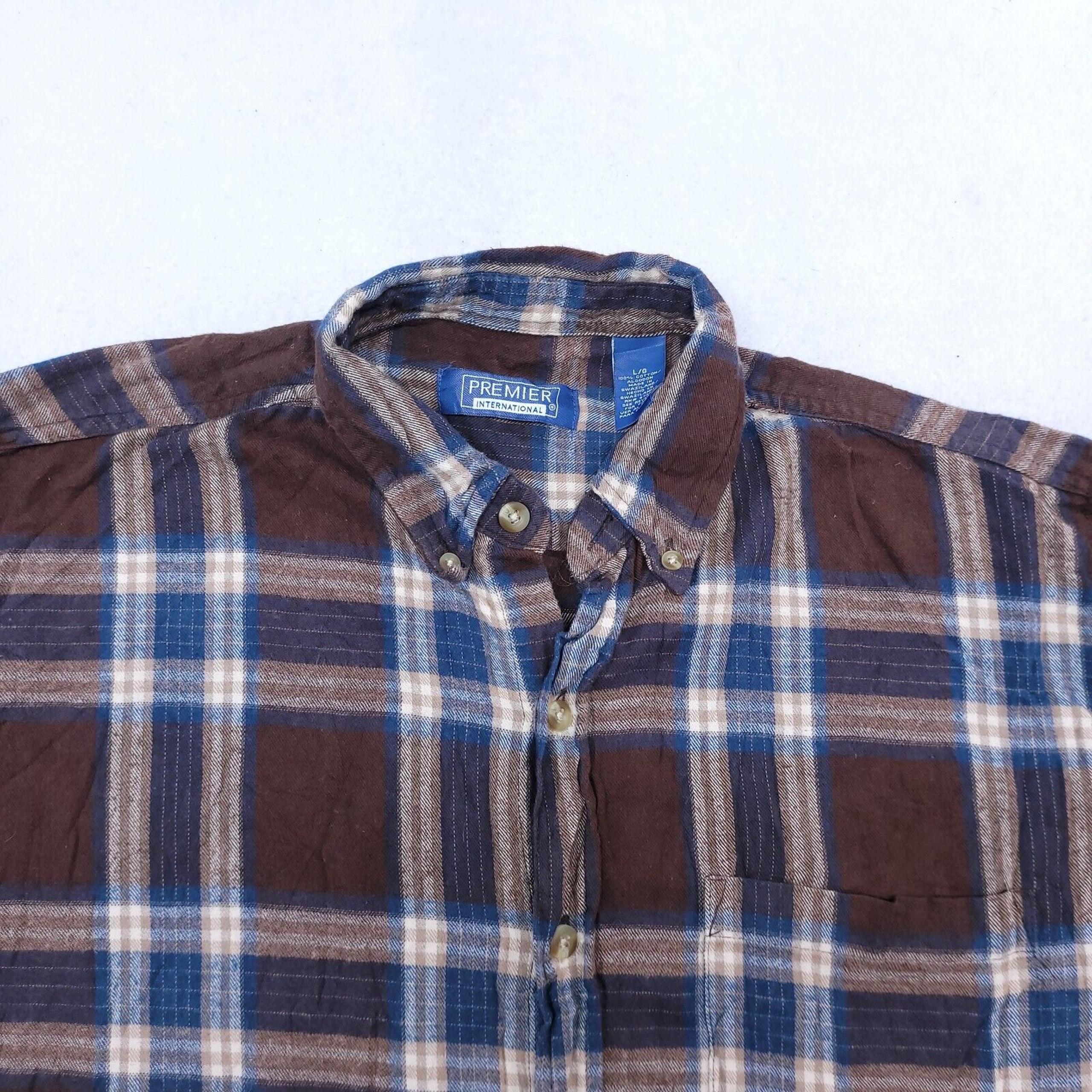Premier Tartan Flannel Long Sleeve Button Up Shirt Mens Size Large L Brown Blue