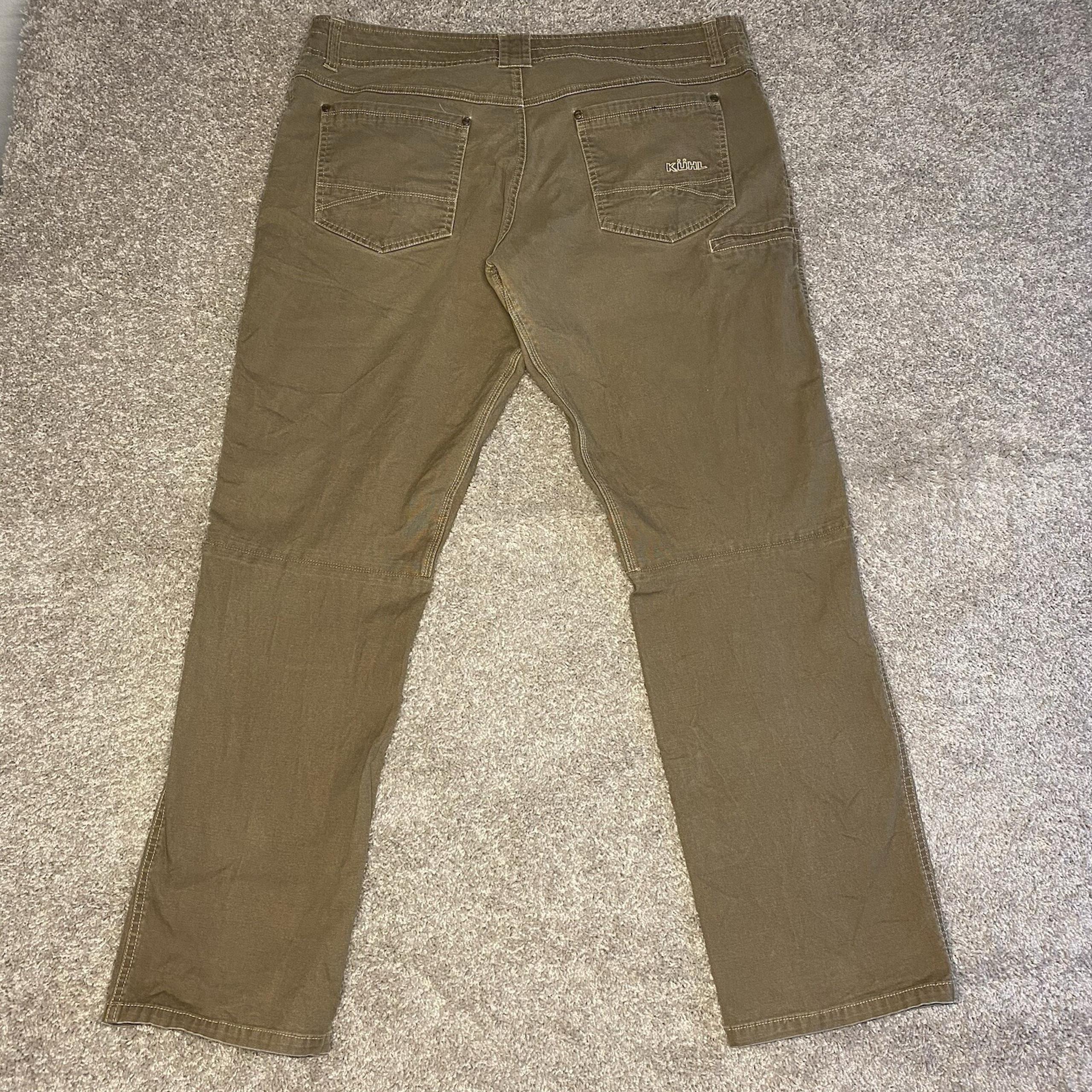 Kuhl Kanvus Jean Pants Khaki Tan Cargo Pockets Articulated Knees Mens Size 38x32