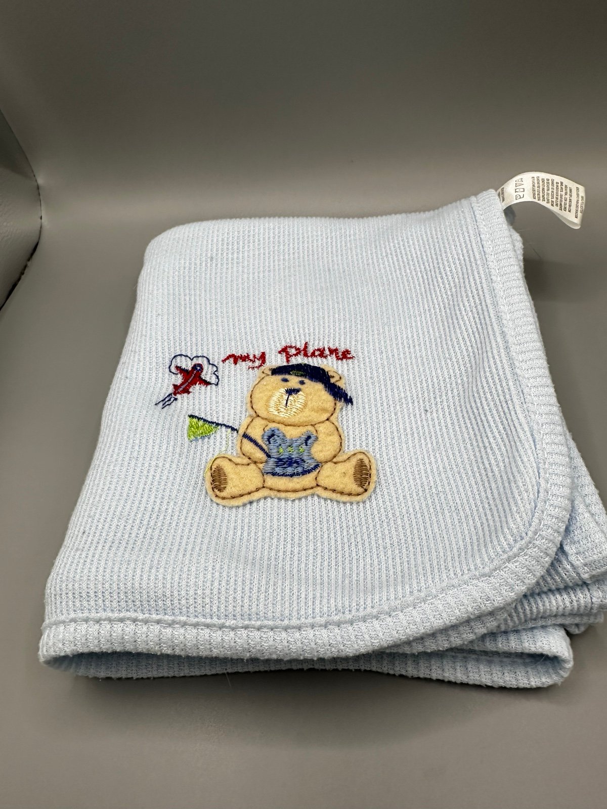 Carter’s Watch The Wear Vtg Baby Receving Blanket Blue My Plane Bear Ribbed