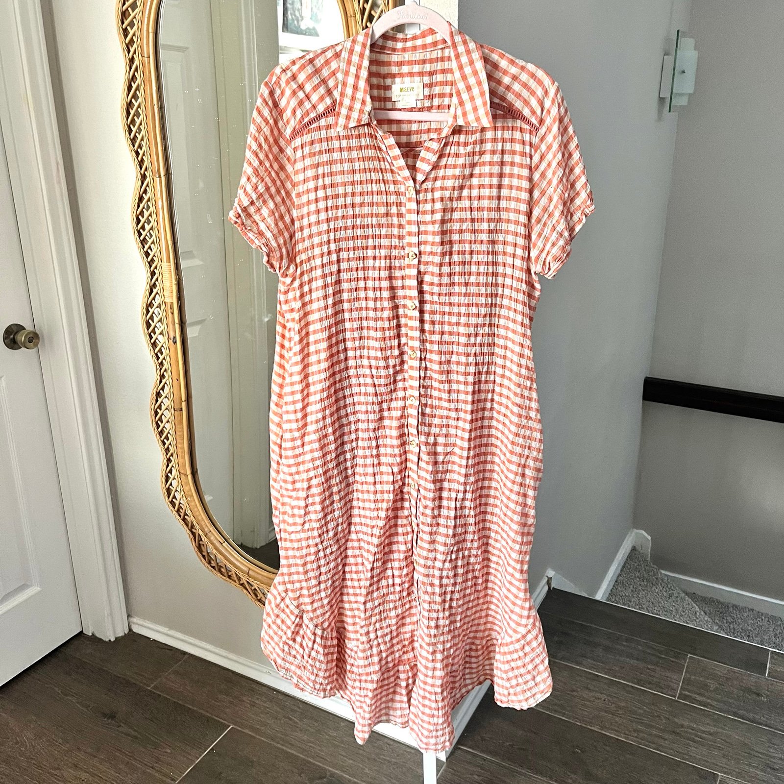 Anthropologie Maeve Finley Gingham Shirtdress Orange White