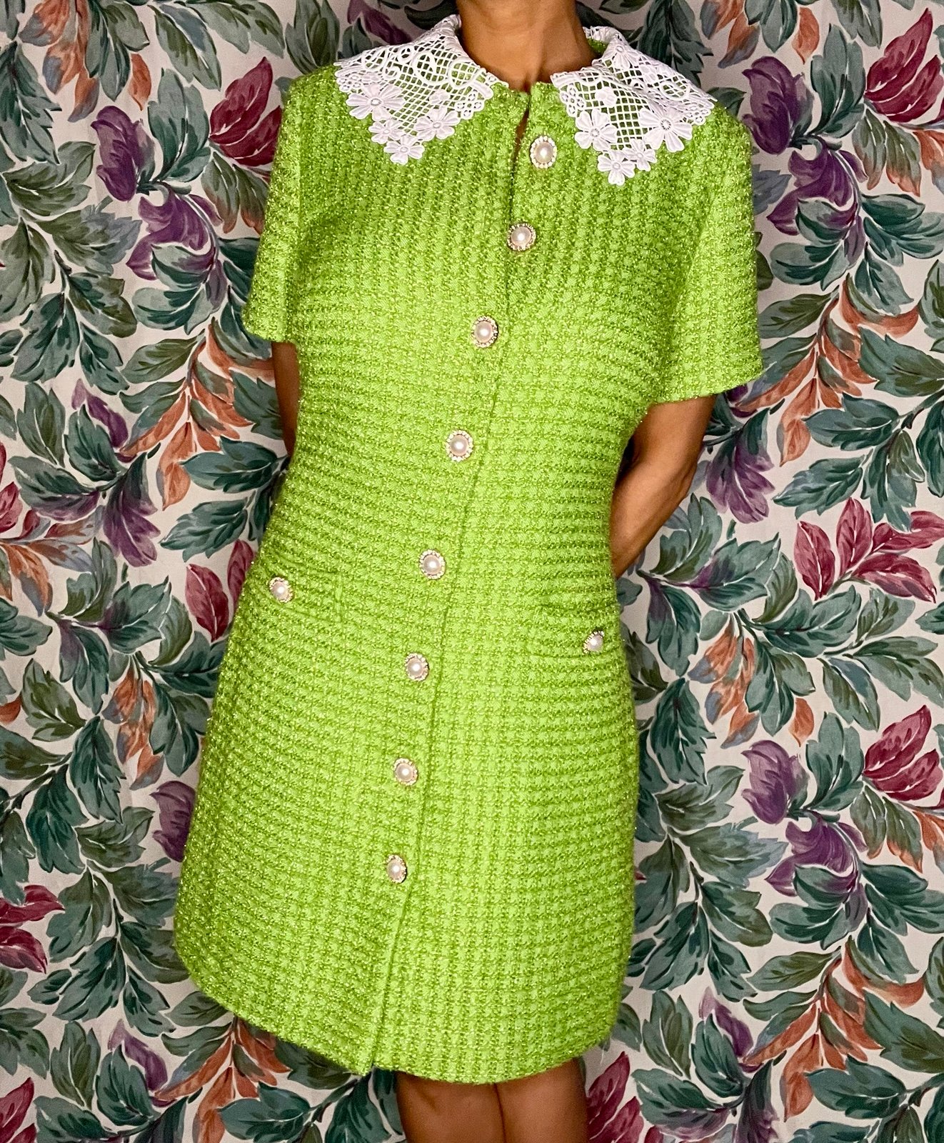 Alexia Admor Priscilla Tweed Lace Collared Green Button Down Dress