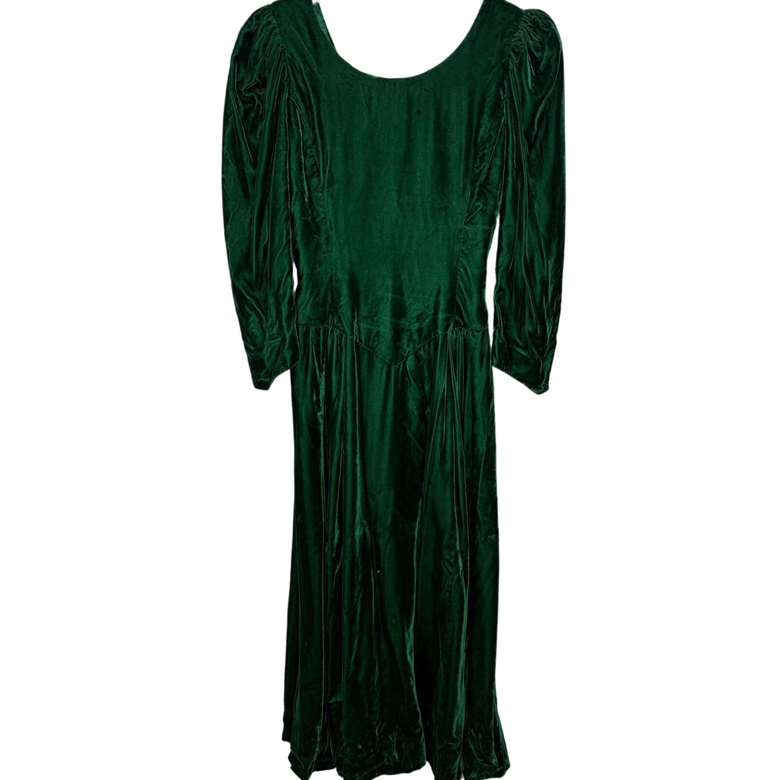 Vintage 80s Emerald Green Velvet Dress Puff Sleeve Princess Waist Open Back Sz S