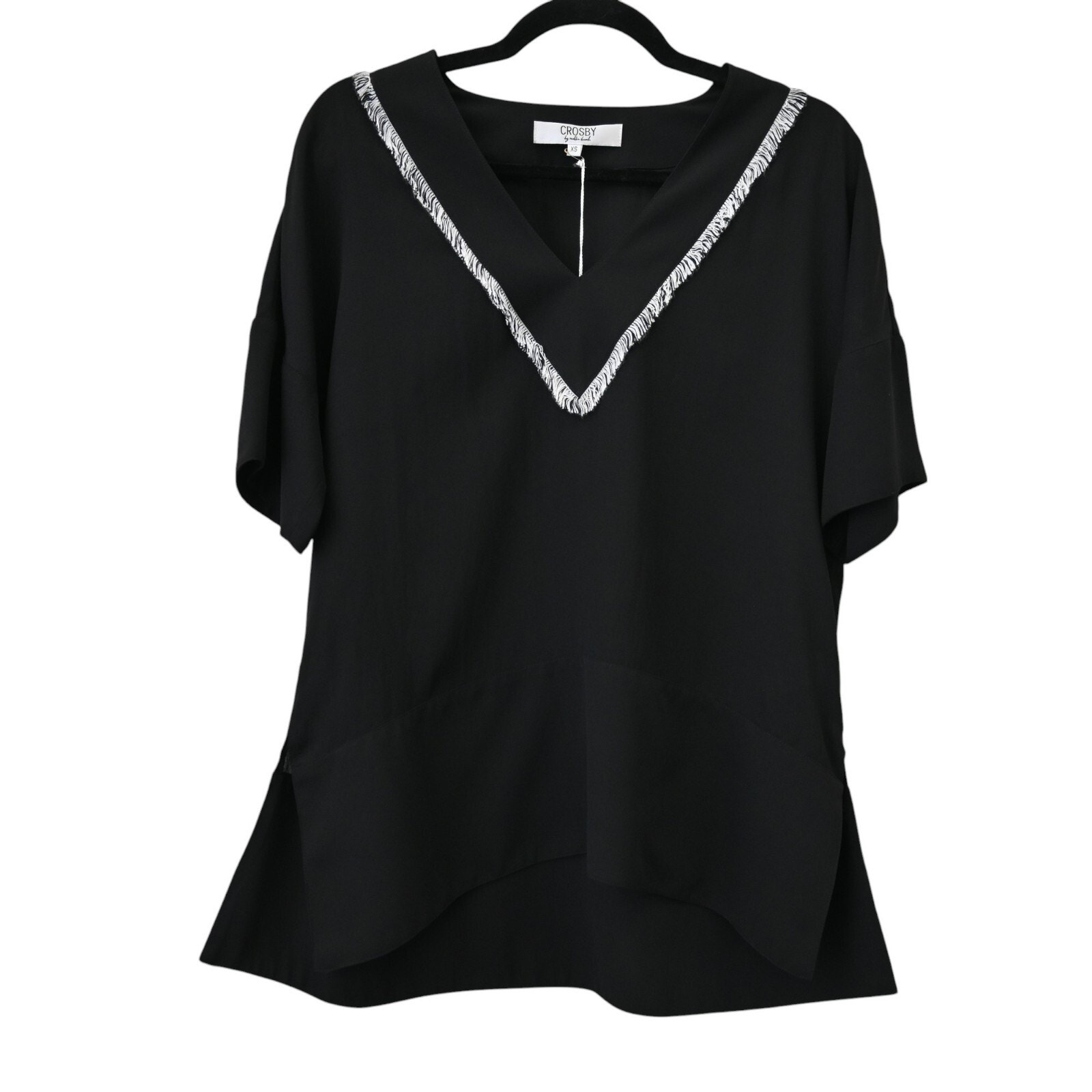 CROSBY Mollie Burch Suzie Tunic Top Black Sz XS Fringe V Neckline Short Sleeve