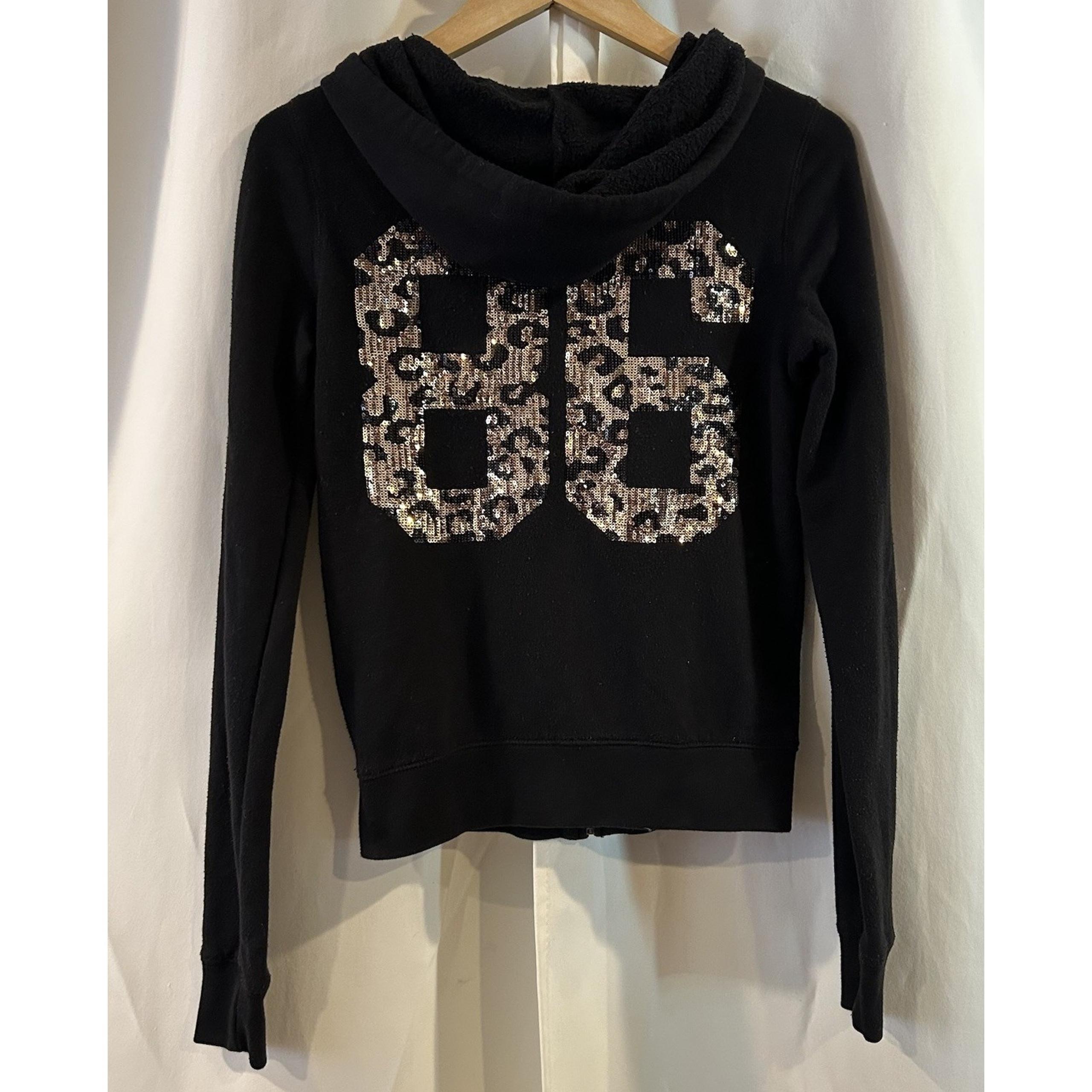 VTG Victorias Secret PINK Cheetah Print Sequin Bling Full Zip Hoodie Black 86 XS