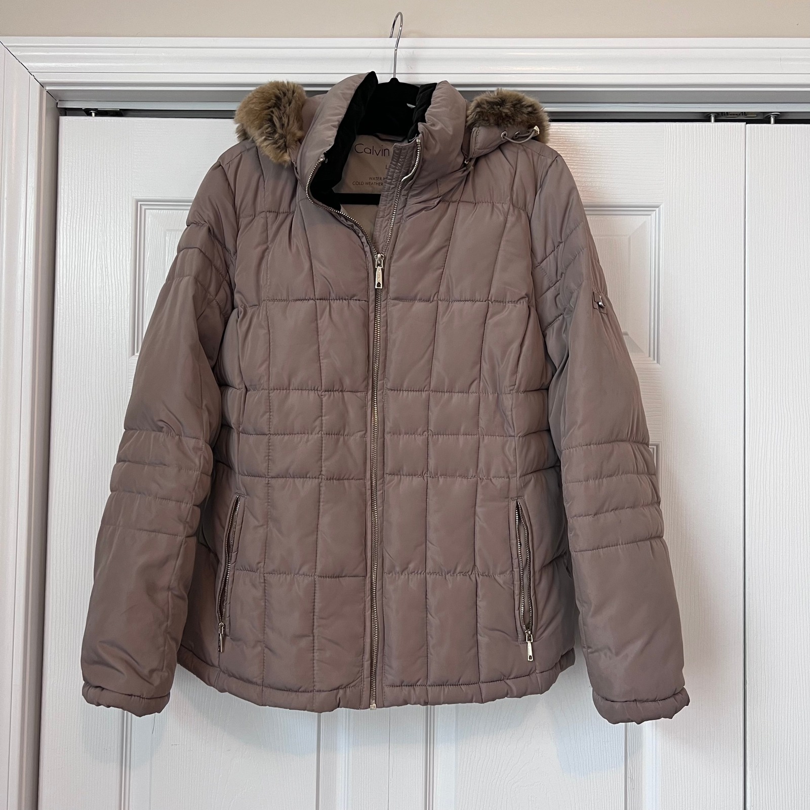 Calvin Klein Puffer Coat Faux Fur Hood Water Resistant Jacket Large
