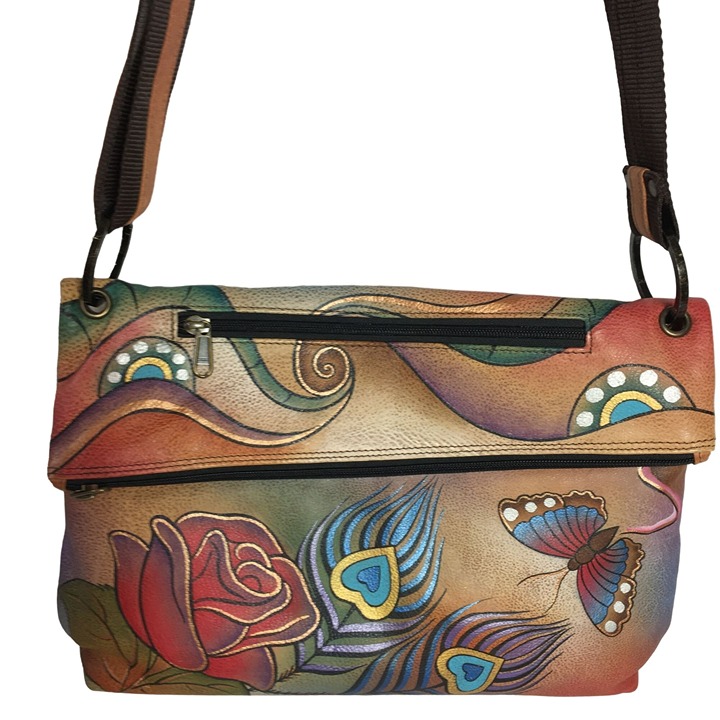 Anuschka LIKE NEW Handpainted Leather Asymmetric Cross Body Bag Red Rose