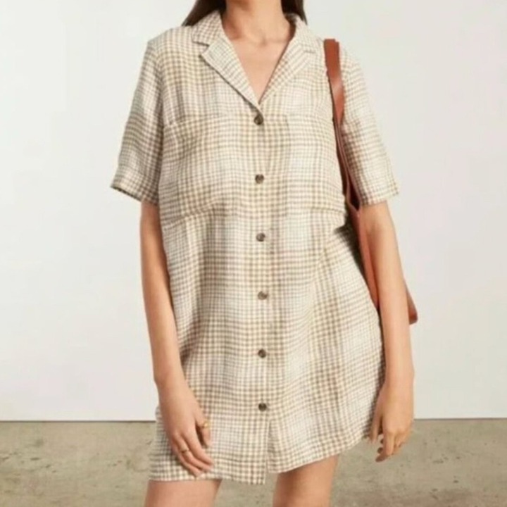 Everlane Linen Plaid Button-Down Dress Size S