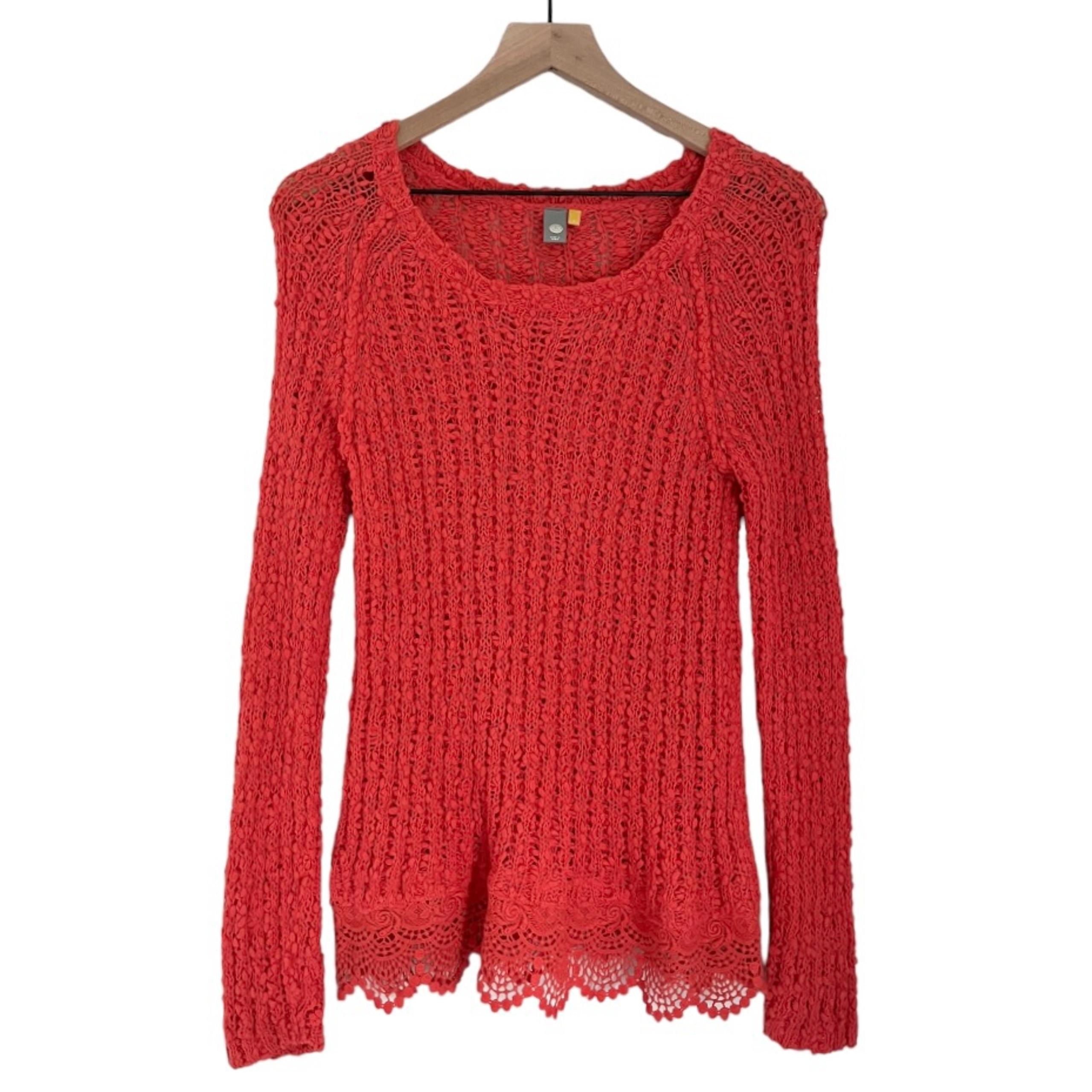 Anthropologie Knitted & Knotted Knit Lace Hem Sweater Coral Orange Size Small