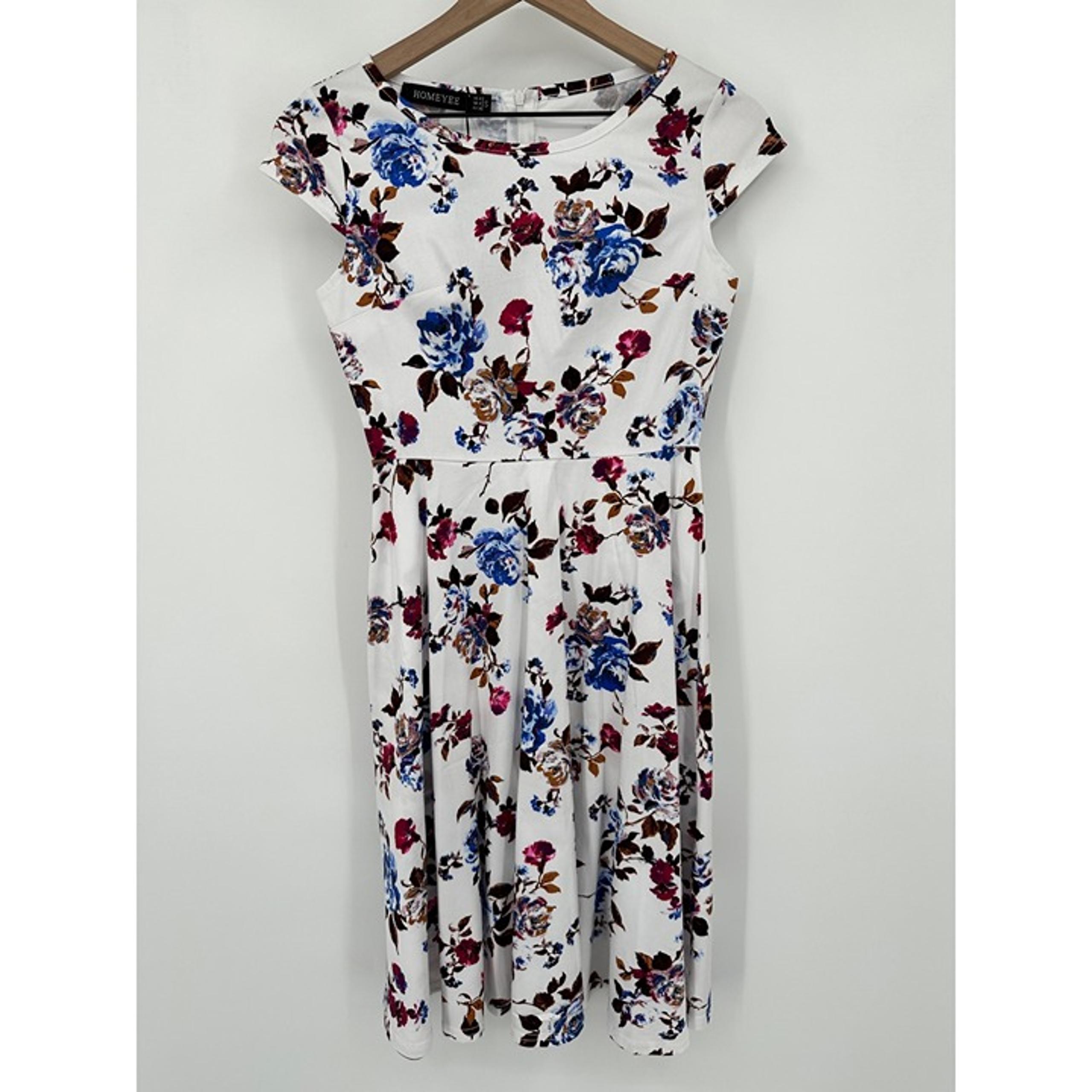 Homeyee Fit & Flare Dress Women 4 White Floral Cap Sleeve Knee Length NWT