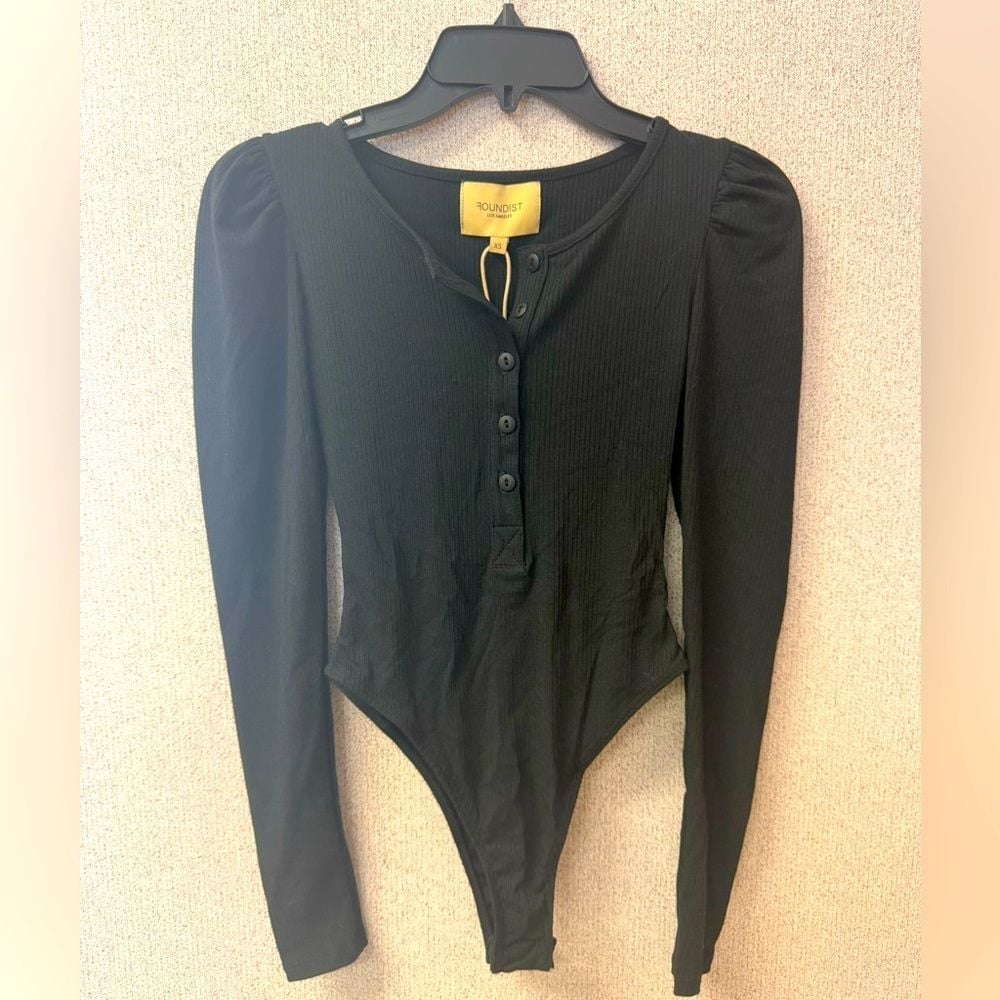 FOUNDIST Womens Black Long Puff Sleeve Bodysuit Size XS NWT