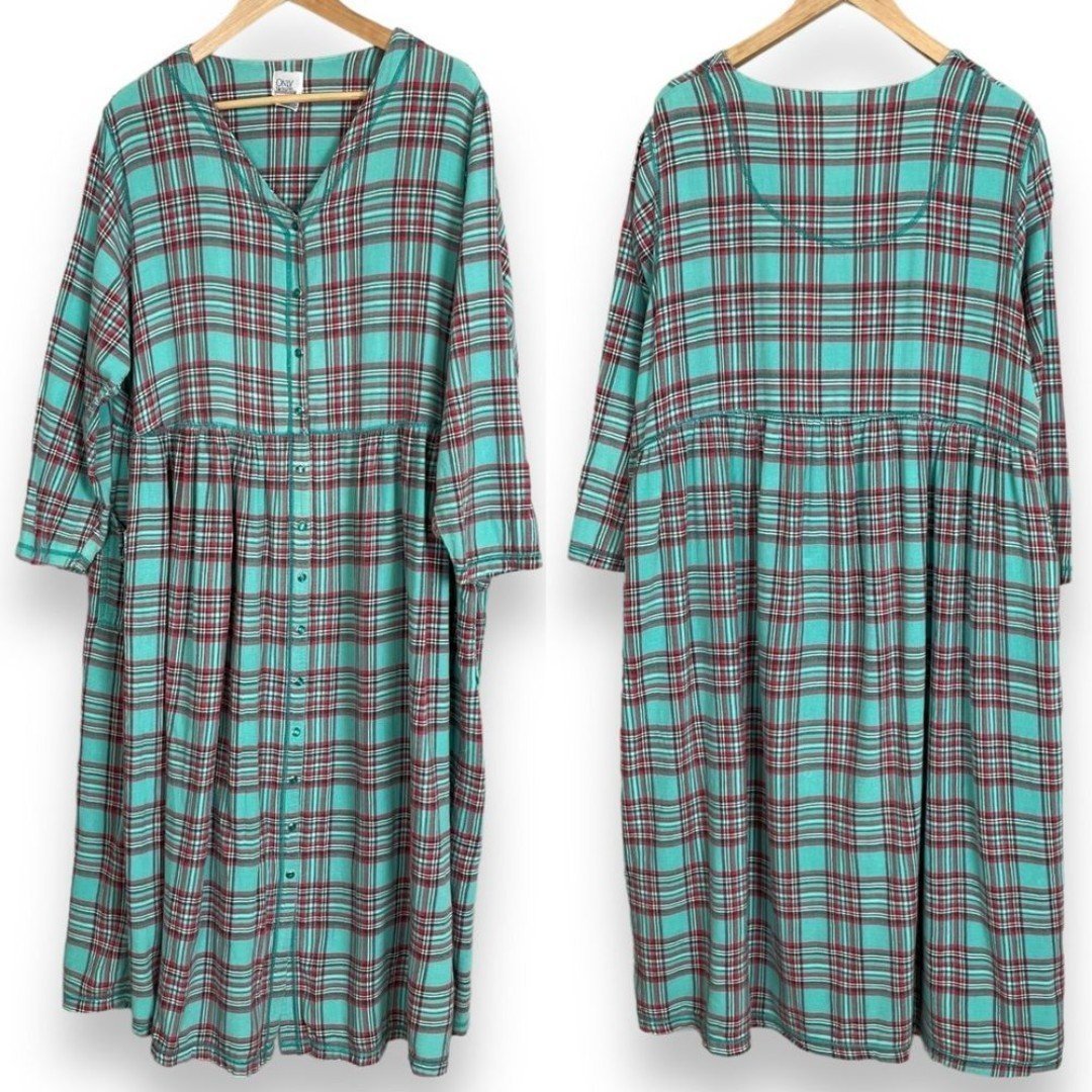 Vintage Flannel Nightgown Plaid Turquoise Plus Size Pearl Snaps 1X Pajamas PJs