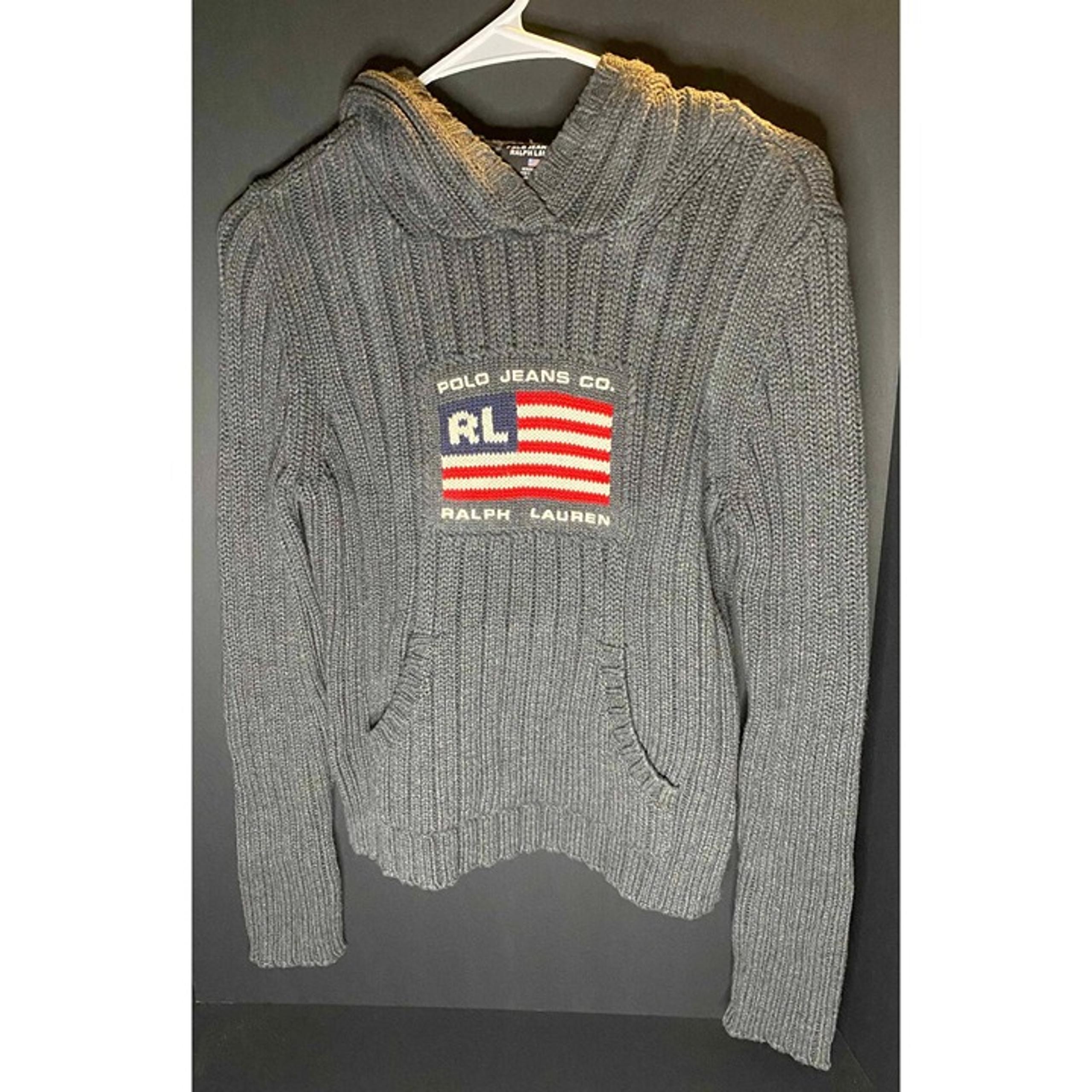 Vtg Polo Jeans Co. Ralph Lauren American Flag Gray Knit Sweater Womens M Hoodie