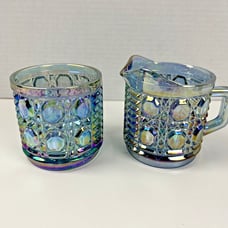 Vintage Indiana Glass Windsor Carnival Iridescent Blue Creamer & Sugar Bowl Set