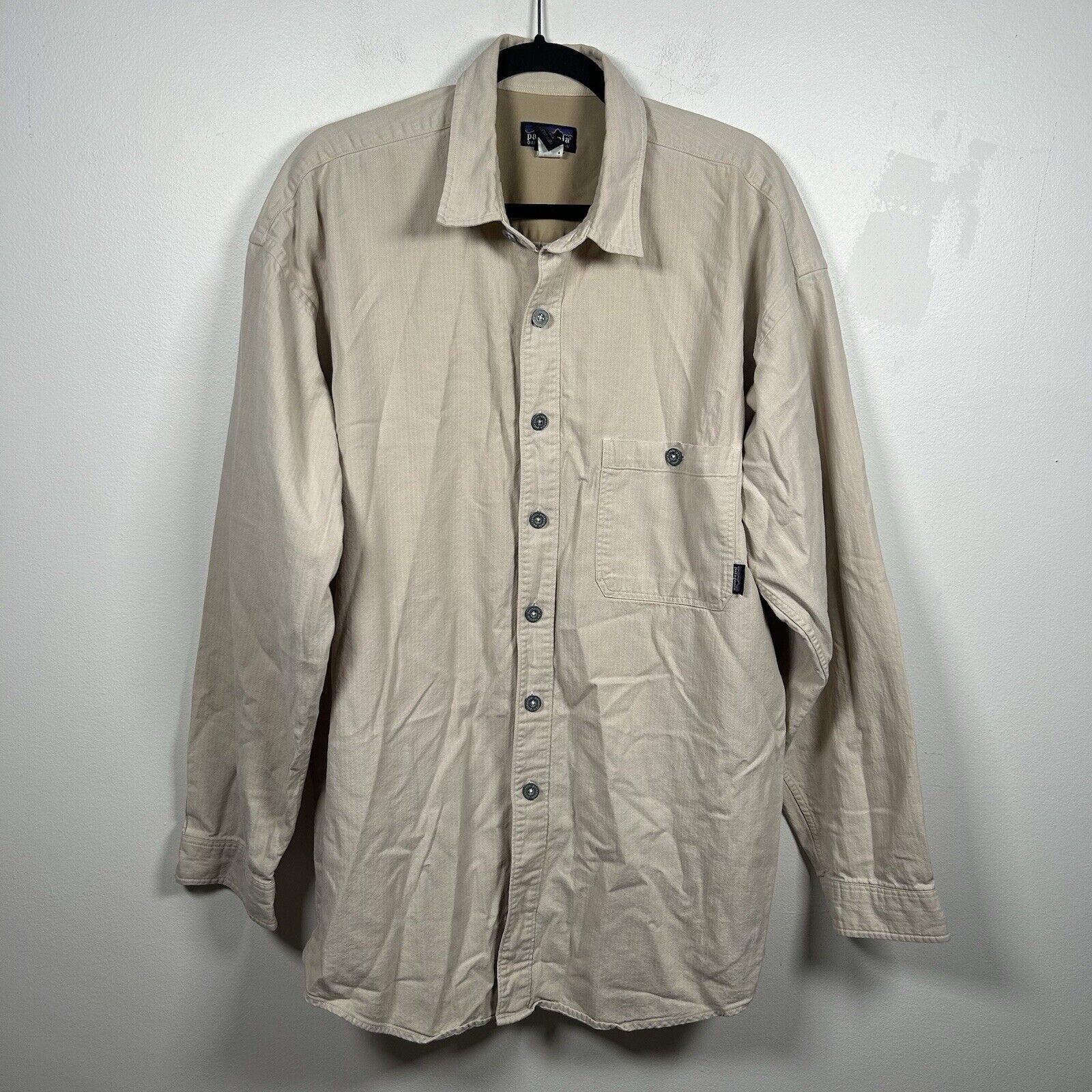 VTG Patagonia Tan Canvas Heavy Cotton Long Sleeve Button Up Shirt Men's Size XL