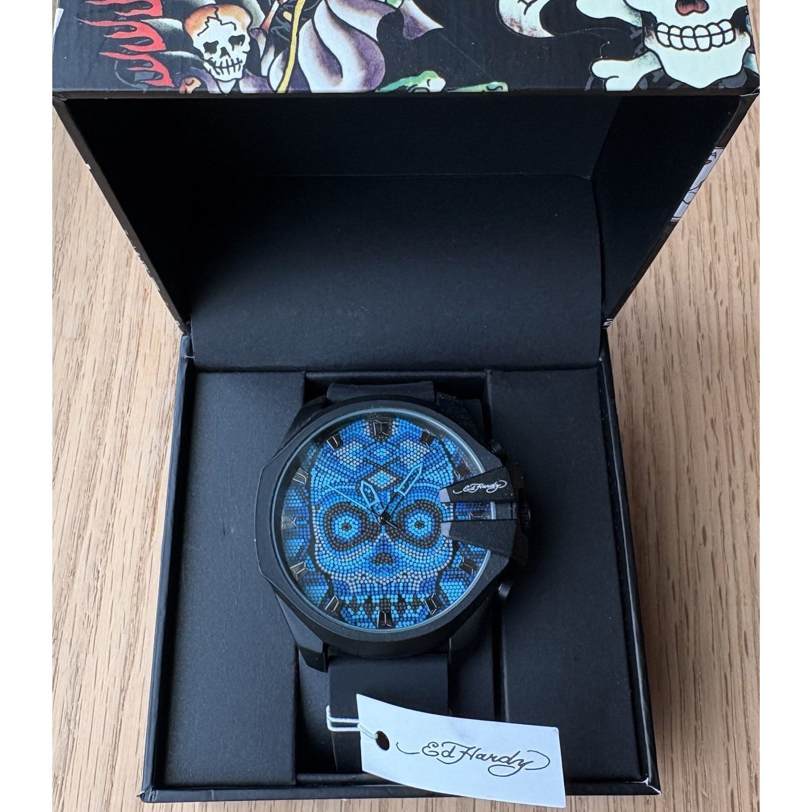 Men’s Ed Hardy Watch | Blue Skull Face With Black Silicone Band New
