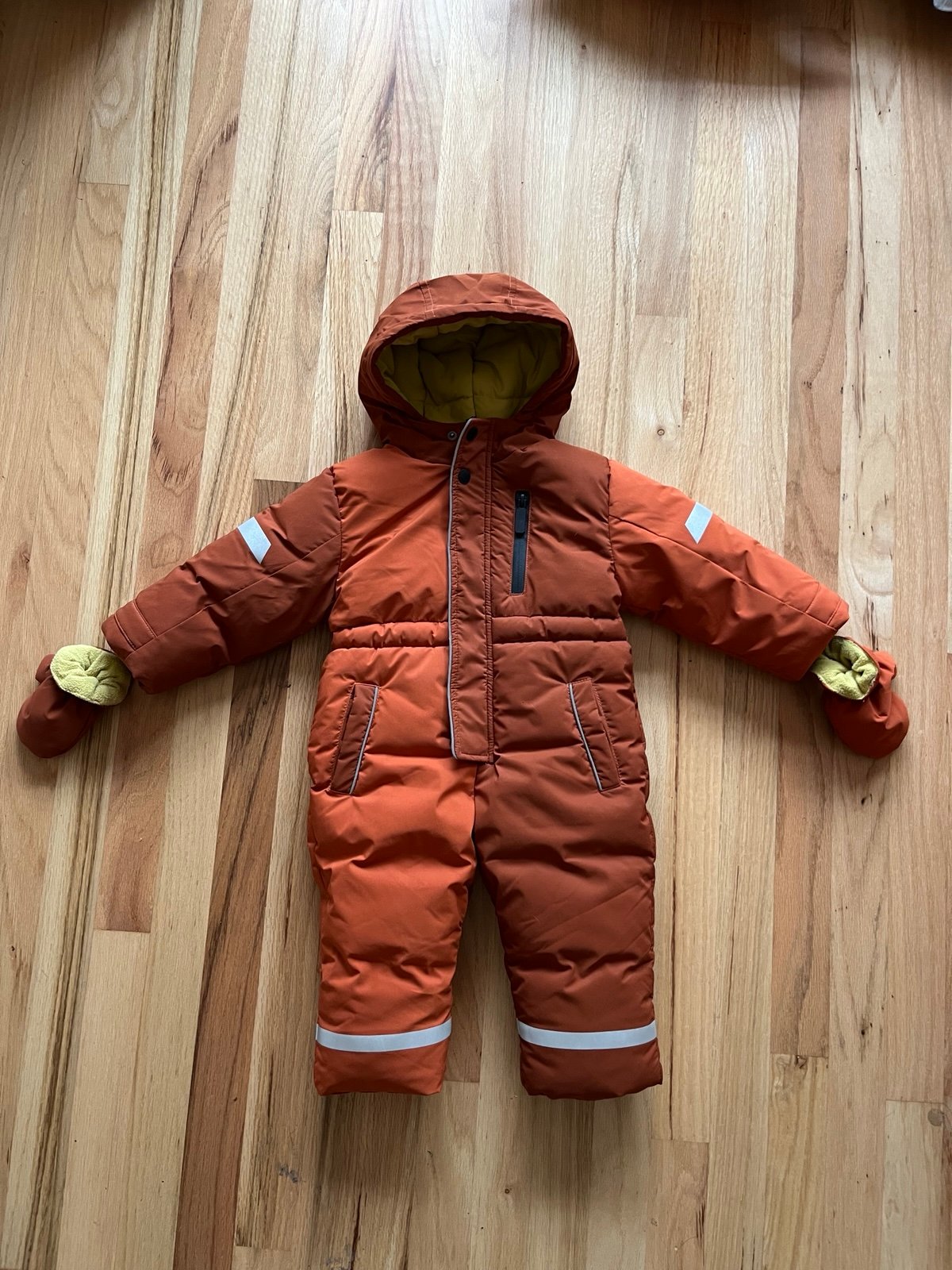 Zara baby toddler padded snowsuit 12-18 mo rust orange snow ski suit jumpsuit - detail