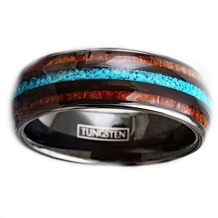 Men's tungsten wedding band ring wood and turquoise inlaid 8mm comfort fit