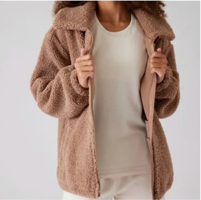 Athleta Girl Size XL 14 Teddy Fleece Jacket Coat, Brown Tan Woods Khaki Like New