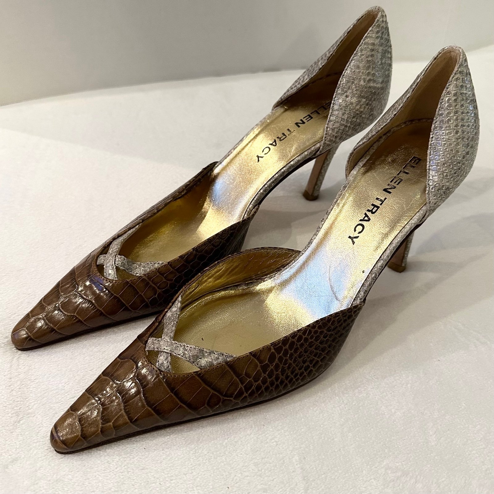 Ellen Tracy Pointy Toe Brown Beige Crocodile Leather Y2K Heels Pumps 8