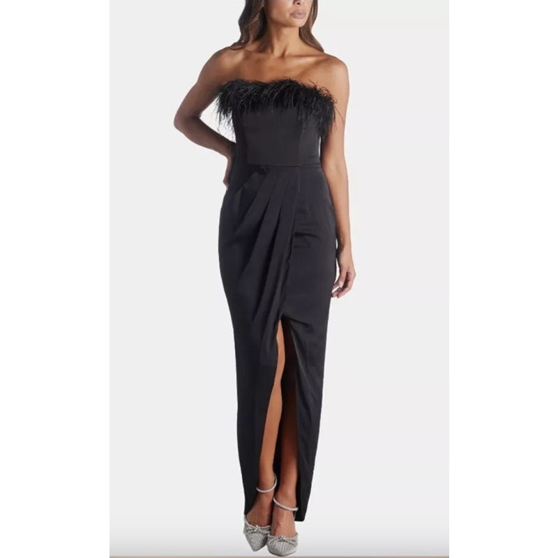 Aidan Mattox Dress Size 4 Feather Trim Strapless High-Low Gown Black 295