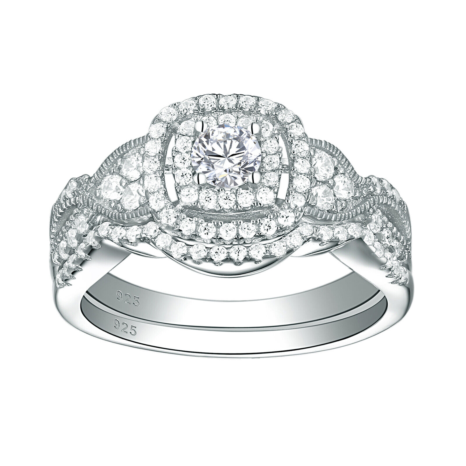 925 Sterling Silver Double Layer Multi Simulated Diamond Bridal Women Ring Set