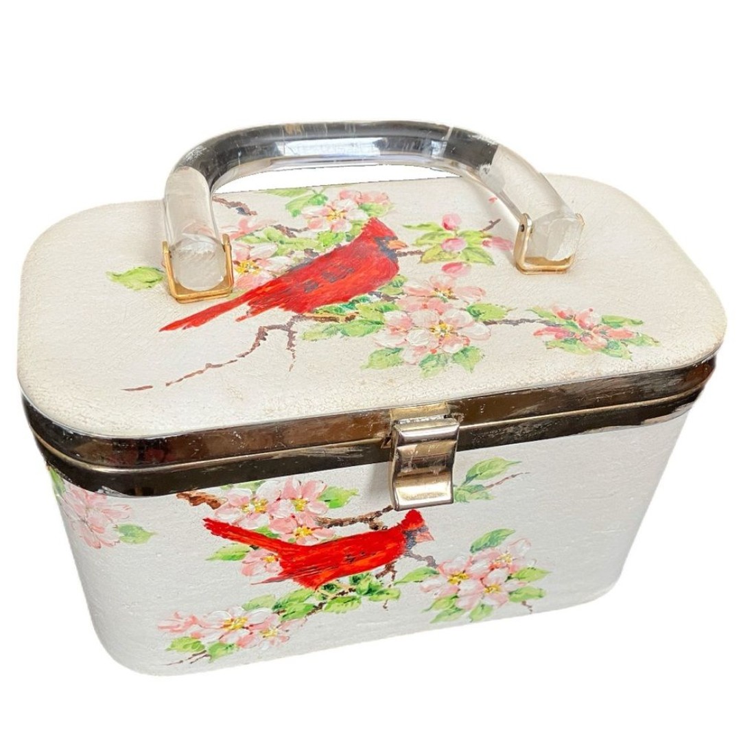 Hand Painted Cardinal on Leather Purse, Lucite Handle - Vintage