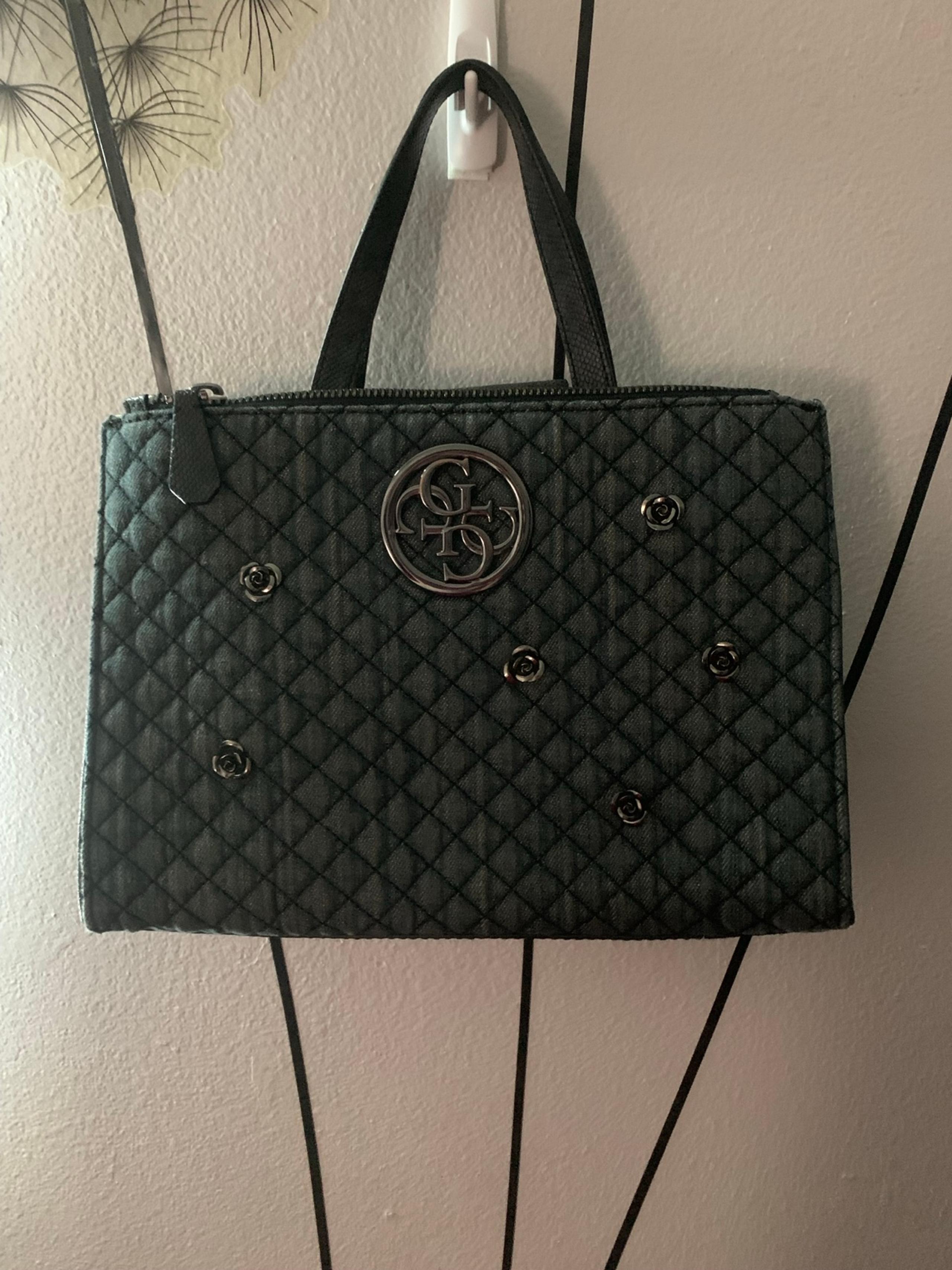 Denim Faux Leather Snake Embossed Metallic Flower Detail Tote Bag Like New - GUESS
