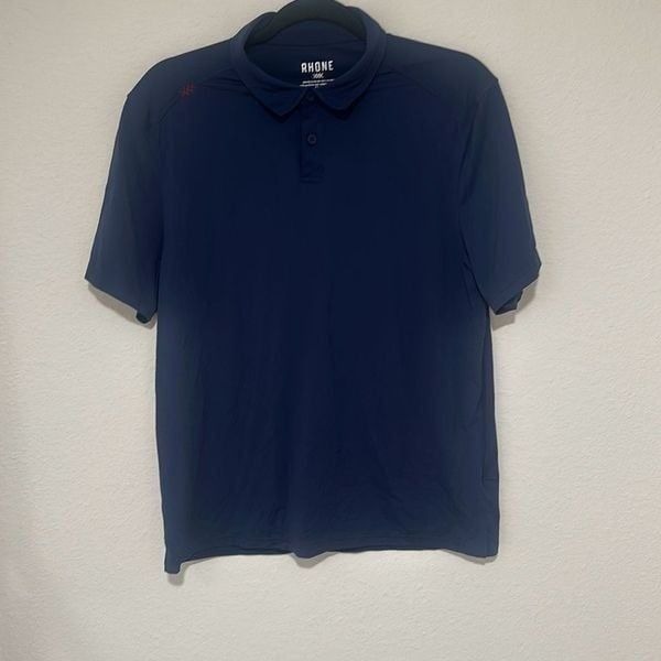 Rhone Mens Navy Blue Two Button Short Sleeve Stretch Polo Shirt Size Medium