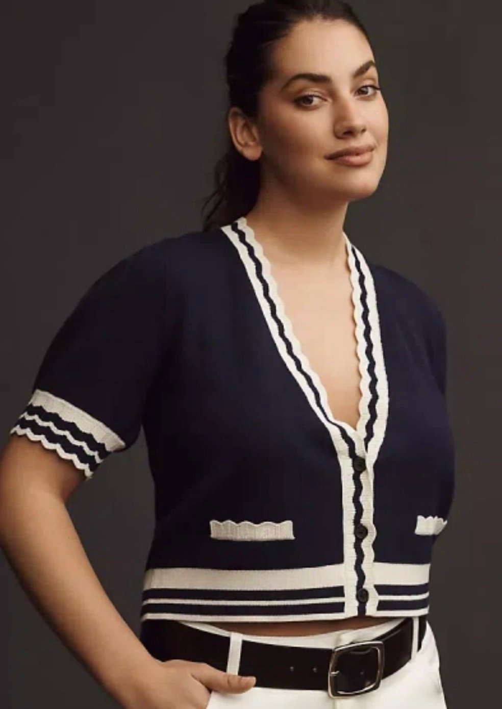 NWT Anthropologie Maeve Short-Sleeve V-Neck Cardigan Navy Sweater Cream Trim 2X