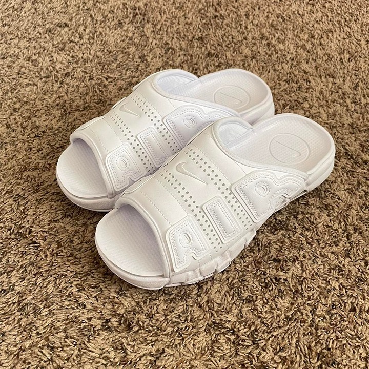 nike air more uptempo slides triple white