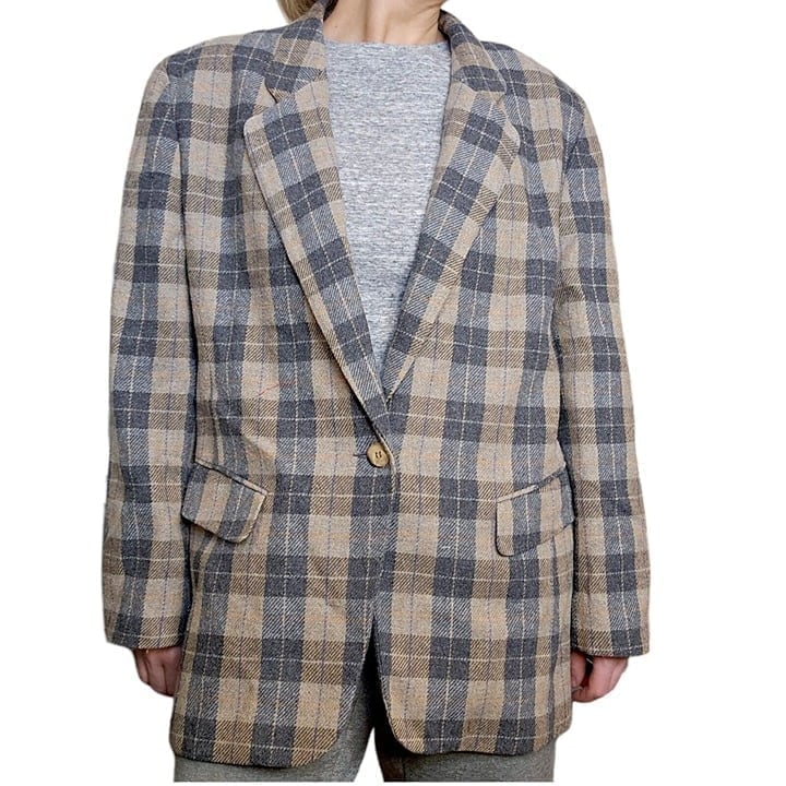 90s Womens Wool Blend Preppy Plaid Blazer Jacket L XL USA Tan Gray Office