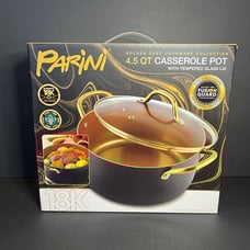 NIB Parini 4.5Qt 18K Infused Gold Coated Casserole Pot w/ Tempered Glass Lid