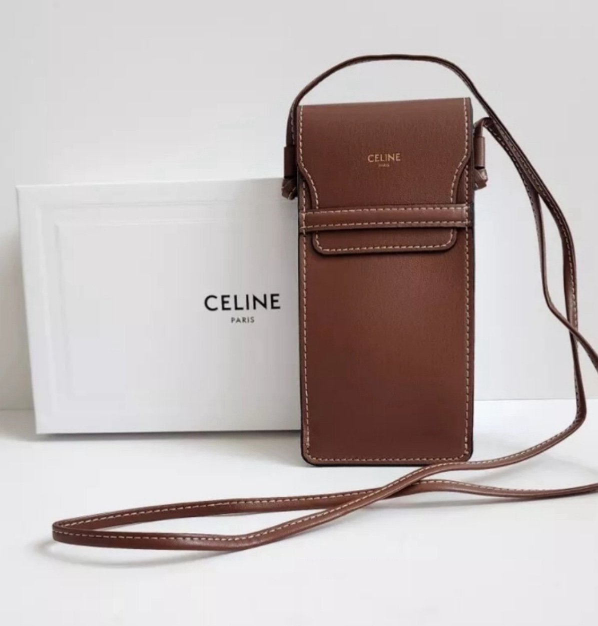 AUTHENTIC CELINE Whiskey Brown Leather Crossbody Sunglasses Bag 7x3 NEW BOX