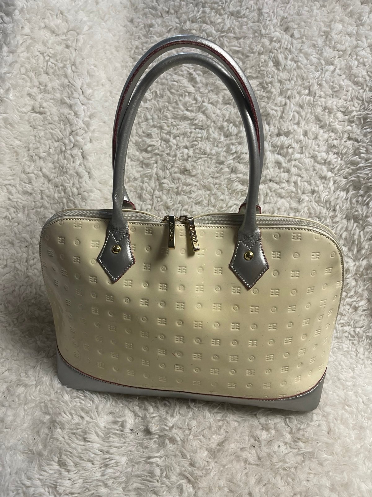 Arcadia leather Patent Leather Cream and Silver Dome style medium Satchel. Silve
