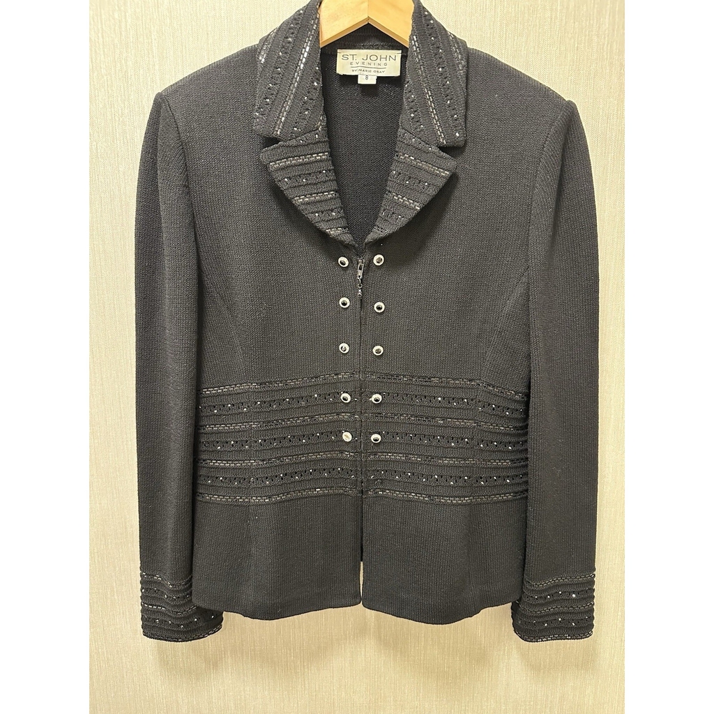 Saint John Evening Marie Gray black knit blazer jacket Sequin embroidered Sz 8
