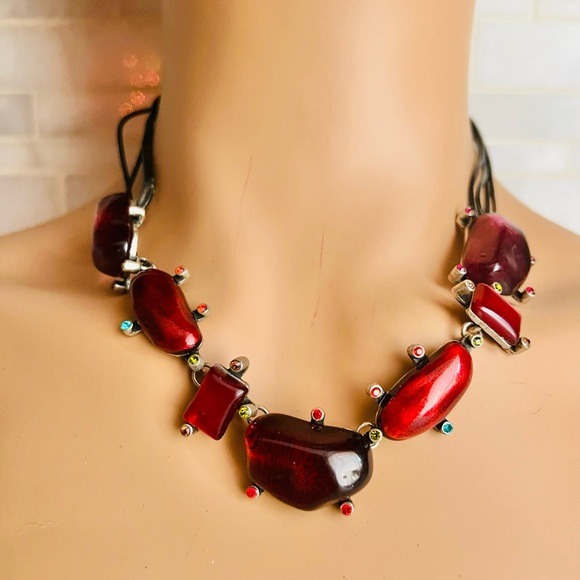 Vintage Chicos Red Glossy Necklace With Multicolored Rhinestones