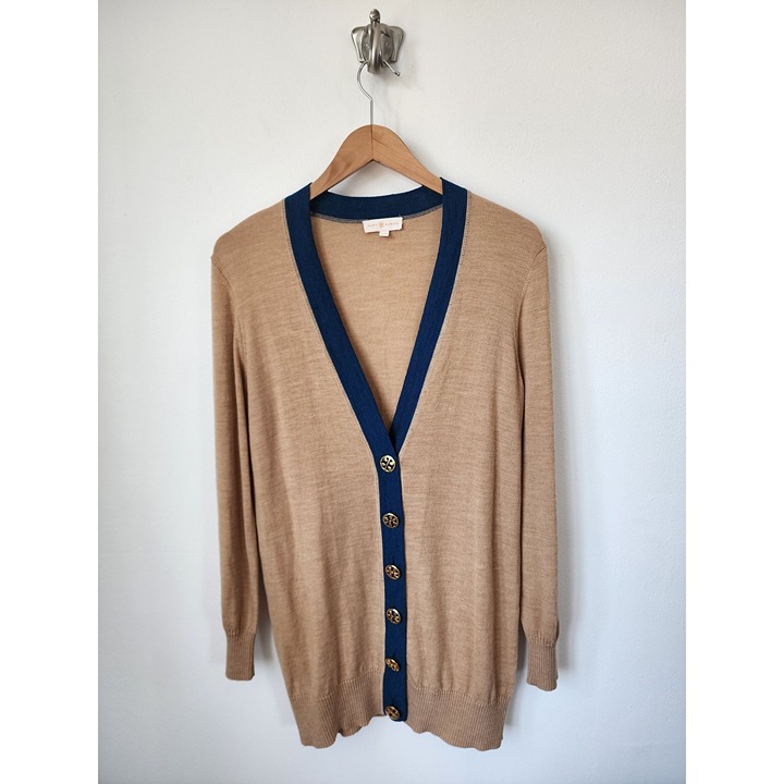 Tory Burch Simone tan blue trim merino wool knit cardigan S