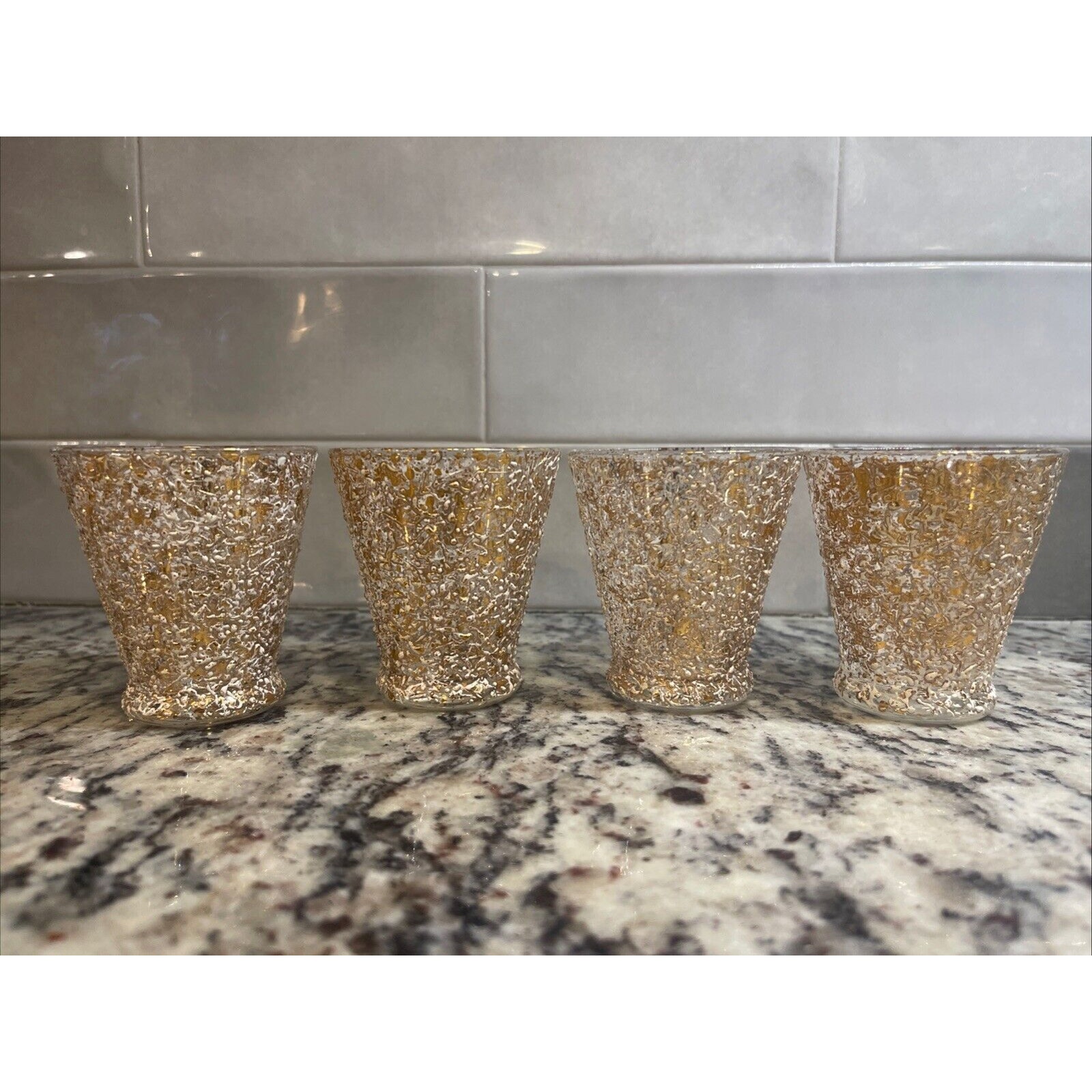 Vintage MCM Gold & White Splatter Paint Cocktail Juice Glasses Set Of 4