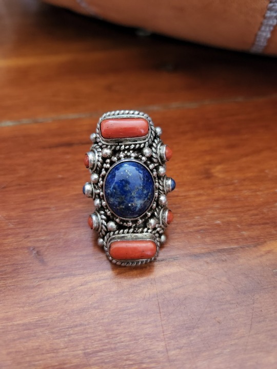 Tibetan or Nepal Lapis and Coral Ring