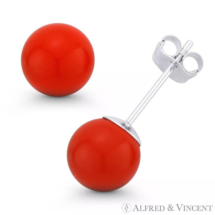 10mm Orange Coral Ball Butterfly Pushback Stud Earrings in 14k White Gold